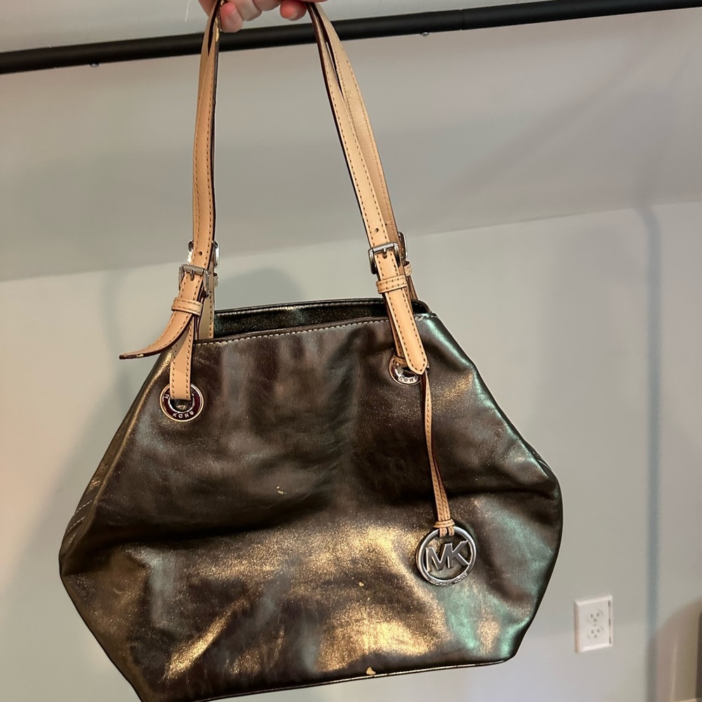 Michael Kors Gold and Tan Shoulder Bag with Signature MK Charm